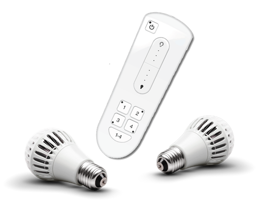 Promotional image of the Remote Lighting Kit showing two light bulbs and a remote control.